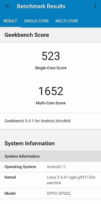 UQモバイル OPPO A54 5G Geekbench ベンチマークスコア